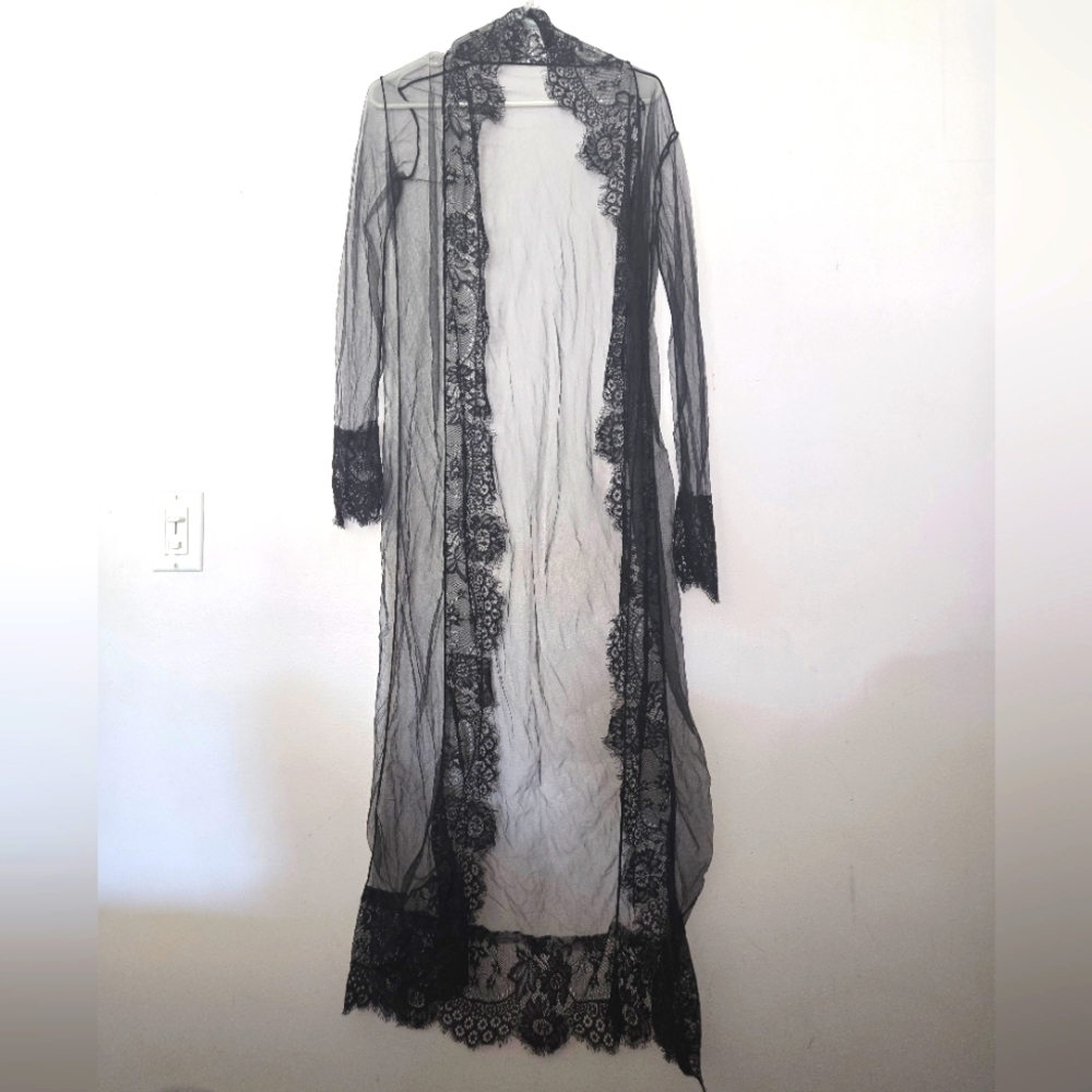 Elegant Black Lace Sheer Long Robe